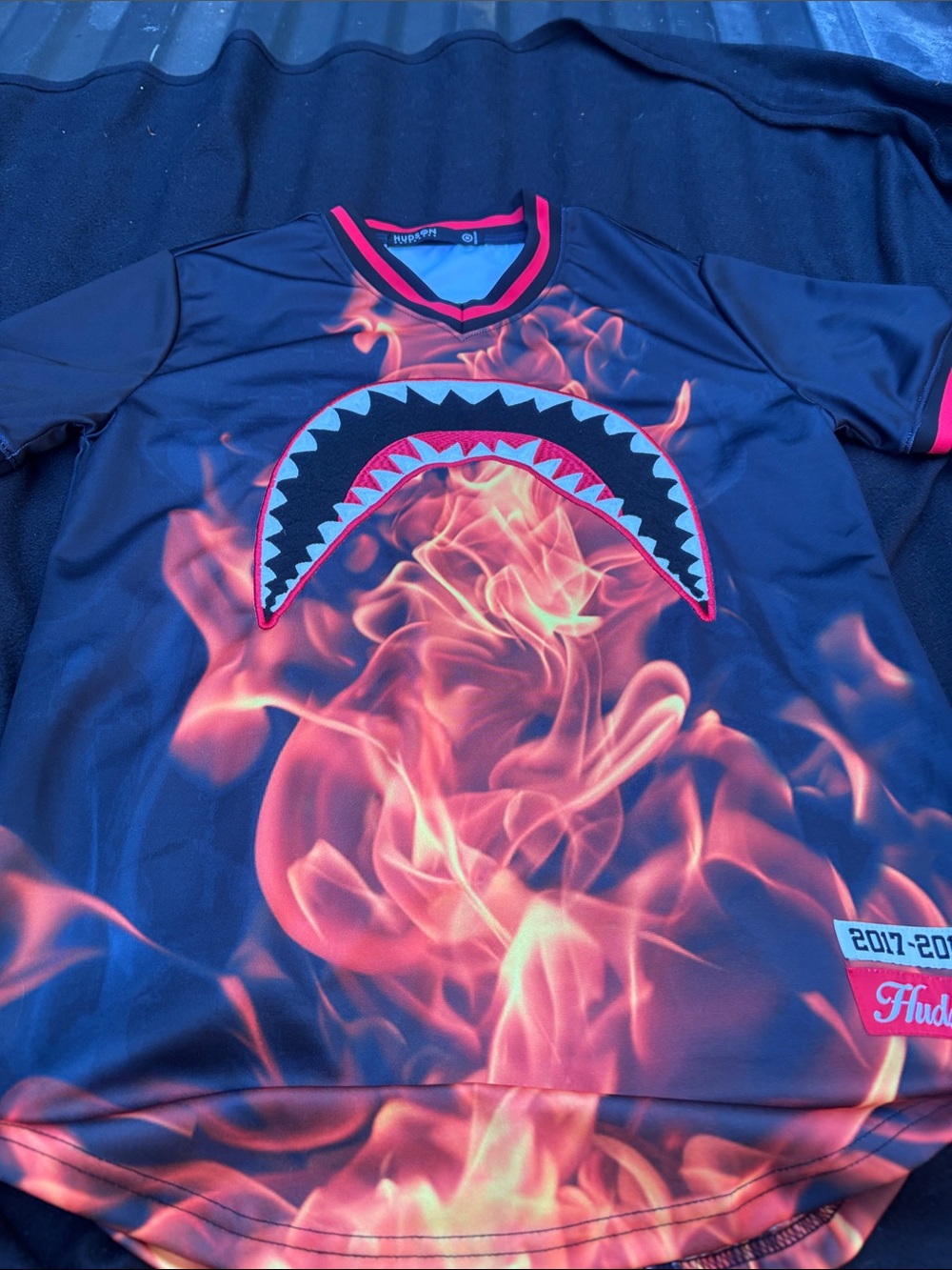 Hudson Jeans Men’s Black Tee with Red-Orange Flame Shark Graphic 2017-2018